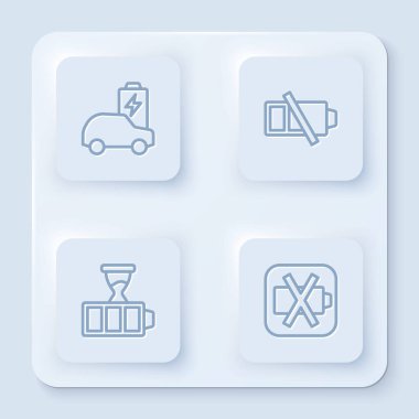 Hattı kurun, elektrikli araba, pili az, şarjı az ve... Beyaz kare düğme. Vektör