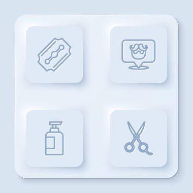 Jilet, berber dükkanı, bir şişe şampuan ve makas kuaförü. Beyaz kare düğme. Vektör