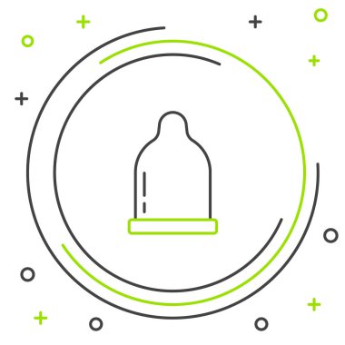 Beyaz arkaplanda çizgi kondom simgesi izole edildi. Güvenli aşk sembolü. Erkekler için doğum kontrol yöntemi. Renkli taslak konsepti. Vektör