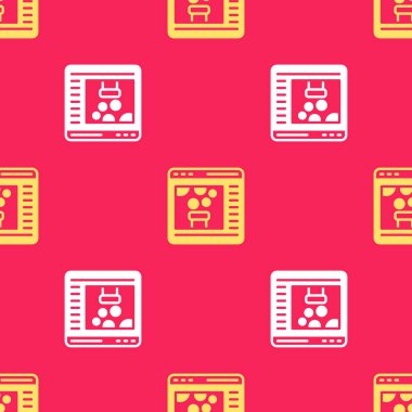 Sarı Kimyasal Deney çevrimiçi simgesi kırmızı arkaplanda izole edilmiş kusursuz desen. Laboratuvarda kimyasal ekipmanlarla yapılan bilimsel deney. Vektör.