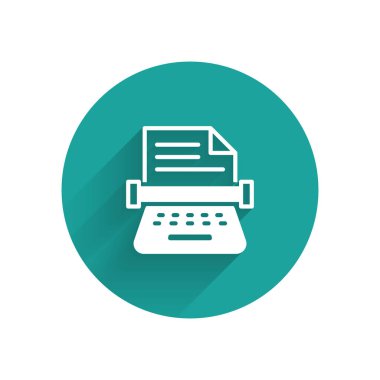 Beyaz Retro daktilo ve uzun gölge arkaplan izole kağıt sayfa simgesi. Yeşil daire düğmesi. Vektör