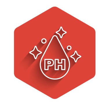 Saç bakımı için beyaz çizgi organik yağ uzun gölge arkaplan izole ikonu. Saç yağı uzuyor. Kırmızı altıgen düğmesi. Vektör