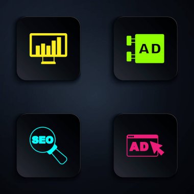 Reklamcılığı ayarla, grafik grafikli monitör, SEO optimizasyonu ve. Siyah kare düğme. Vektör