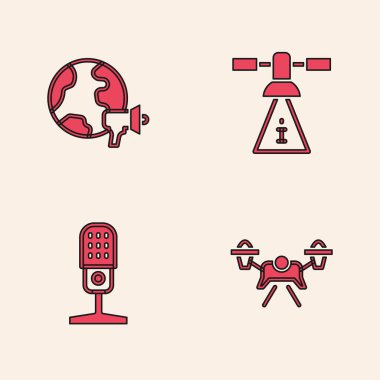 Drone, World News, Uydu ve Mikrofon ikonunu ayarla. Vektör