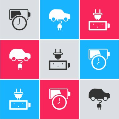 Bataryayı, elektrikli arabayı ve ikonu ayarlayın. Vektör