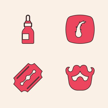 Bıyık, sakal, yağ şişesi, saç kökü ve jilet ikonu. Vektör