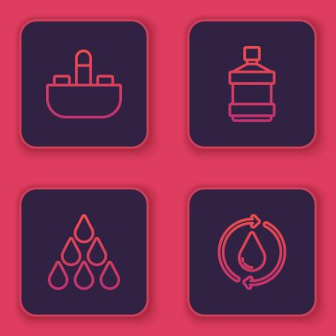 Lavaboyu su musluğu, su damlası, büyük şişe temiz ve geri dönüşümlü su ile donatın. Mavi kare düğme. Vektör