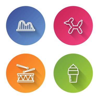 Hız trenini ayarla, Balon köpeği, bagetli davul ve dondurma. Renkli daire düğmesi. Vektör