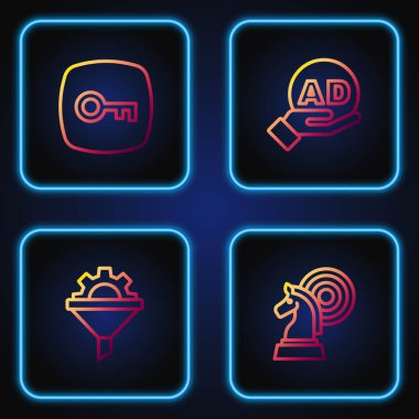 Satranç, satış hunisi ve teçhizat ayarla. Anahtar ve Reklam. Renk simgeleri. Vektör