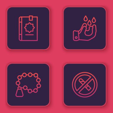 Kur 'an' ın kutsal kitabı, tespih dini, Wudhu ve sigara içilmez. Mavi kare düğme. Vektör