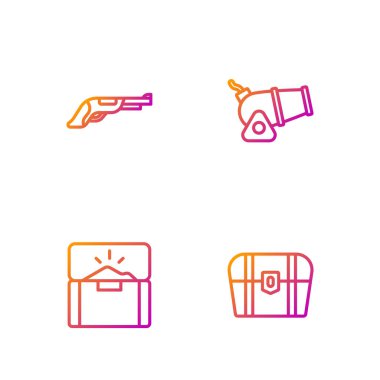 Antik hazine sandığı, antika tabanca ve top. Renk simgeleri. Vektör