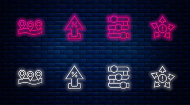 Oku, grafiği, grafiği, diyagramı, konumu ve birçok yönü yukarı doğru ayarla. Tuğla duvarda parlayan neon simgesi. Vektör