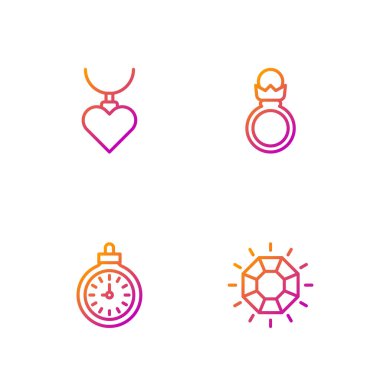 Sabit çizgi Diamond, cep saati, kalp şeklinde kolye ve nişan yüzüğü. Renk simgeleri. Vektör