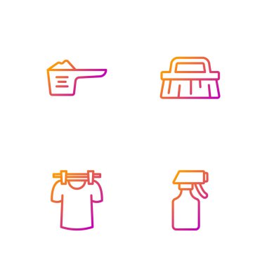 Sıraya girin. Su püskürtme şişesi, kurutma giysileri, çamaşır deterjanı ve temizlik için fırça. Renk simgeleri. Vektör