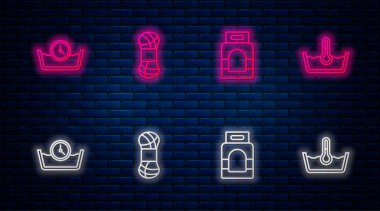 İplik, çamaşır deterjanı, zaman yıkama ve ısıyı ayarla. Tuğla duvarda parlayan neon simgesi. Vektör
