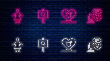 Feminist aktivist, cinsiyet, kadın ve mikrofon. Tuğla duvarda parlayan neon simgesi. Vektör