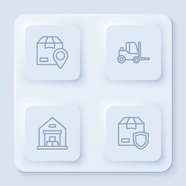 Karton kutu, forklift kamyonu, Depo ve Teslimat güvenlik kalkanı ile hattı ayarlayın. Beyaz kare düğme. Vektör