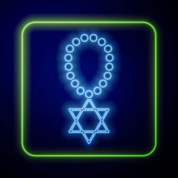 Gloeiende Neon Star David Ketting Ketting Pictogram Geïsoleerd Blauwe Achtergrond — Stockvector