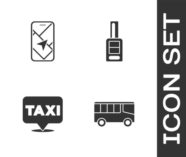 Встановіть Автобус Навігацію Мапі Міста Розташування Віддаленою Піктограмою Таксі Автомобіля — стоковий вектор