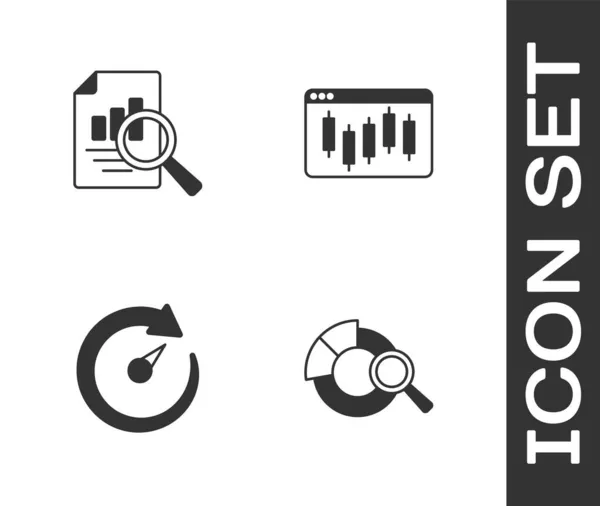 Set Suchdatenanalyse Dokument Mit Diagrammdiagramm Digitalem Geschwindigkeitsmesser Und Browser Börsensymbol — Stockvektor