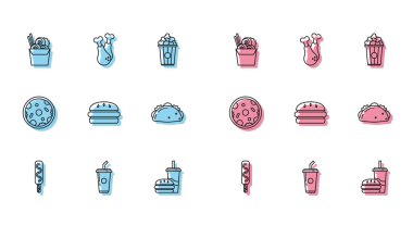 Dondurma, kamış ve su içen kağıt bardak, Asya eriştesi karton çubuğu, burger, Burger, Taco tortilla, pizza ve tavuk budu ikonu. Vektör