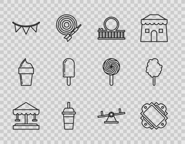 Cazibe Atlıkarınca, Bilet, Roller Coaster, Saman ve su içen kağıt bardak, Karnaval çelengi bayrakları, Dondurma, Tahterevalli ve Pamuk Şekeri ikonu. Vektör