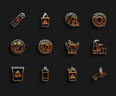 Geri dönüşüm sembollü geri dönüşüm kutusunu plastik şişe, pil, çevre korumasının filizlenen eli, dünya geri dönüşümü, fabrika ve ikon ile ayarla. Vektör