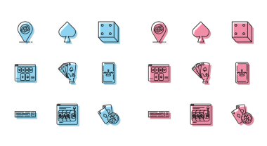 İskambil kağıtları, online kumar makinesi, kumarhane mekanı, buz küpleriyle oynamak ve cam viski içmek, el ele tutuşmak, Joker, poker masası oyunu ve maça sembol simgesi. Vektör