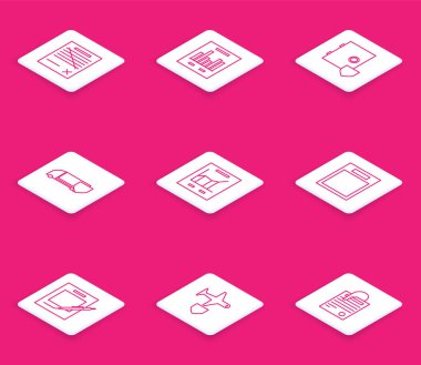 Dosya silme belgesini, grafik şemasını, güvenli kalkanı, teslimat kamyonunu, boş formu, boş defteri, kalemi ve uçak simgesini içeren belgeyi ayarla. Vektör