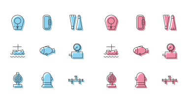 Hat hattı metalik borular ve valf, şamandıra, dalış başlığı, manifold, balık, ölçü, su üzerinde balıkçı teknesi ve karabina ikonu. Vektör