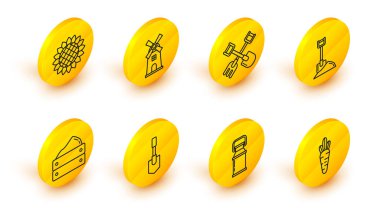 Havuç, süt, kürek, hasatlı tahta kutu, toprak ve tırmık, yel değirmeni ve ayçiçeği ikonu. Vektör