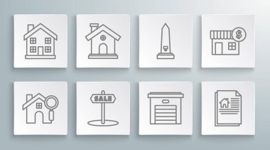 Set hattı arama evi, House, metin satışı, garaj, sözleşme, Washington anıtı, dolar sembolü ve ev ikonu yazılı tabela. Vektör