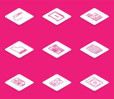 Hat sesi, Gitar amplifikatörü, Stereo hoparlörü, Grand piano, DJ uzaktan kumandalı karışık müzik, müzik enstrümanı akordeonu, teyp ve ikon. Vektör