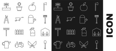 Kürek, ev yapımı sera ve bitkiler, bahçe tırmığı, elma, el işi makas, boş tahta tabela tahtası ve su kutusu ikonu. Vektör