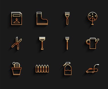 Kaktüs ve sulu tencere, bahçe çiti ahşabı sprey, çim biçme makinesi, tırmık, su kovası ve yaba ikonu dolu bir paket. Vektör