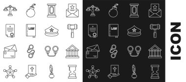 Eski kum saati, adliye binası, yargıç tokmağı, sahne standı veya münazara kürsüsü kürsüsü, hukuk kitabı, sertifika şablonu, adalet terazisi ve kokkade ikonlu polis şapkası. Vektör