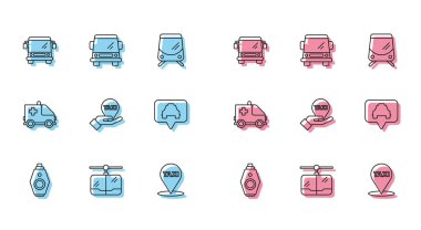 Otomobil anahtarını uzaktan kumandalı, kablolu, otobüs, harita işaretleyici taksisi, haritada el, ambulans acil durumu ve ikon ile ayarla. Vektör