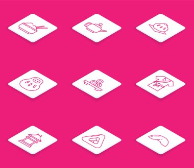 Çubuklu pirinç, Japon çay seremonisi, Khinkali kesim tahtası, Maneki kedisi, Sushi, Kimono kostümü, Kapı ve ikonu. Vektör