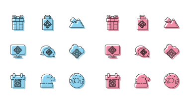 Takvim, Noel Baba şapkası, hediye kutusu, tatlı jöleli çörek, kar tanesi konuşma balonu, kar bulutu ve kağıt alışveriş torbası ikonu. Vektör