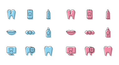 Dişçi muayenehanesi yeri, koruma, kırık diş, diş, diş ipi, şeker, gargara plastik şişe, gülen dudaklar ve çevrimiçi diş bakımı ikonu. Vektör