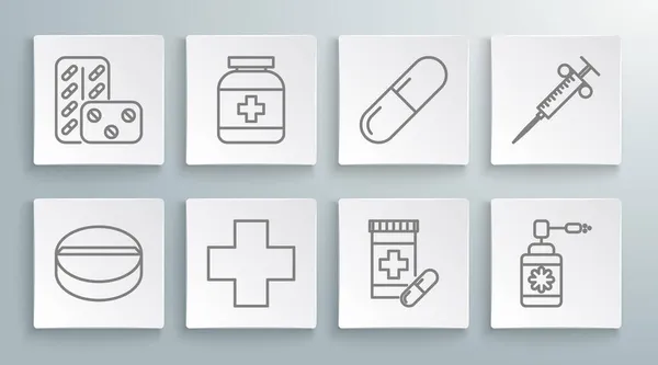 Set Line Medicina Píldora Tableta Botella Cross Hospital Médico Las — Archivo Imágenes Vectoriales
