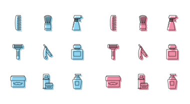 Krem ya da losyon kozmetik kavanozu tıraş jeli köpüğü, saç fırçası, şampuan şişesi, tıraş bıçağı, tıraş losyonu ve ikon. Vektör