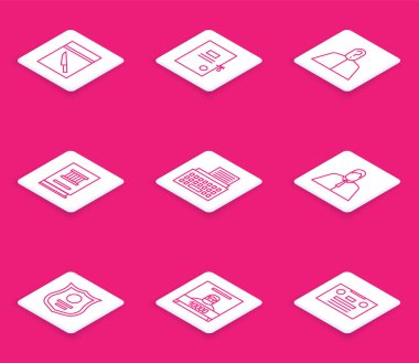 Kanıt çantası, bıçak, dava kağıdı, soru işareti, kitap, Retro daktilo, avukat, hukukçu, polis rozeti ve aranıyor afişi. Vektör