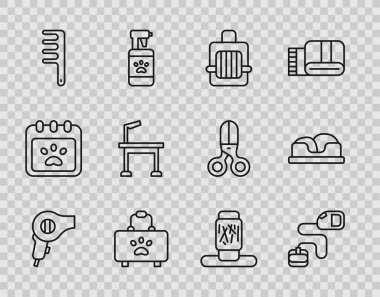 Çizgili saç kurutma makinesi, geri çekilebilir ip tasması, hayvan taşıma çantası, ilk yardım çantası, köpek ve kedi için fırça, tımarlama, kedi tırmalama tahtası ve yatak ikonu. Vektör