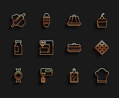 Candy, elektrik karıştırıcısı, hamurun üzerinde raptiye, kesme tahtası, Şef şapkası, Waffle ve Pasta ikonu. Vektör