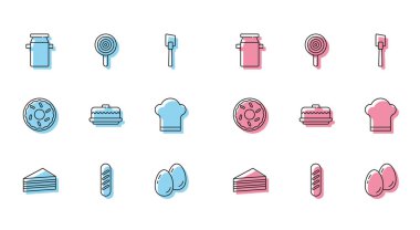 Sabit çizgi pasta, Fransız ekmeği süt için konserve kutusu, Paskalya yumurtası, Şef şapkası, Donut ve lolipop ikonu. Vektör