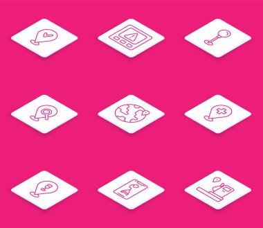 Satır konumunu işaretli olarak ayarla, GPS aygıtı hatası, düğme pimi, arama konumu, dünya, tıbbi haç, alkollü bira barı ve şehir haritası gezinme simgesi. Vektör