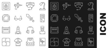 Satır bulmacası, inek öğrenci, bilgisayar, sanal gerçeklik gözlükleri, gözlük, işlemcili işlemci, oyun ikonu için çerçevede böcekler ve kılıç. Vektör