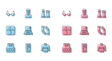 Yelek, Bilgisayar, Gözlük, Süveter, Laptop, Çorap, Yapboz Parçası ve İnek İnek ikonu. Vektör