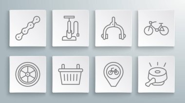 Hat, bisiklet tekerleği, hava pompası, sepet bisiklet, zil, fren kalibreleri ve zincir ikonlu konum. Vektör